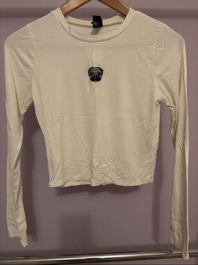 wild fable Cream Long-Sleeve Ribbed Crop Top with Pug Patch